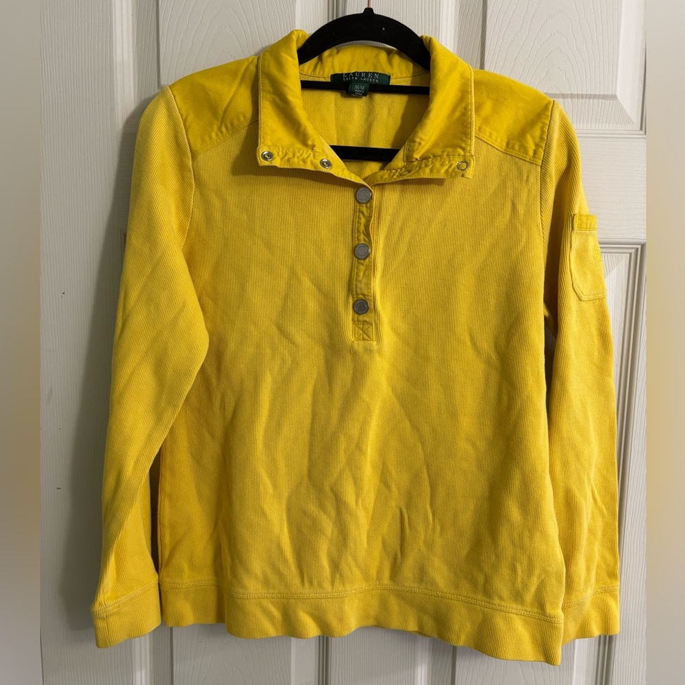 Lauren Ralph Lauren Butter Yellow Ribbed Buttoned Fall Sweater Canvas Shoulder